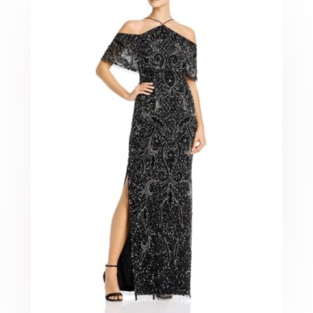 Aidan Mattox Cold-Shoulder Beaded Gown